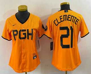 Women%27s Pittsburgh Pirates #21 Roberto Clemente Yellow 2023 City Connect Stitched Jersey->mlb womens jerseys->MLB Jersey